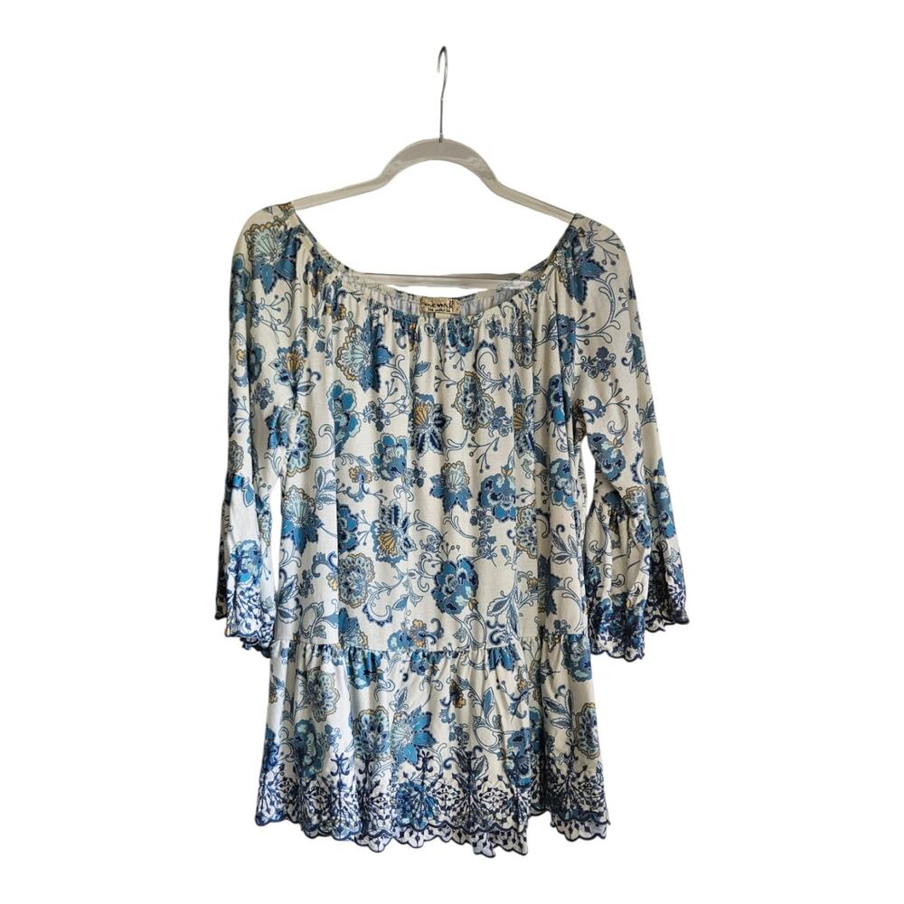 One World Womens 1X Blouse Floral Bell Sleeves Blue Scalloped On/Off Shoulder